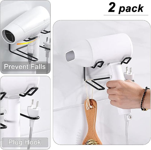 2 Pack Hair Dryer Holder, Wall Mount Self Adhesive Waterproof Blow Dryer Rack Storage Organizer Hanger, Compatible with Dyson and Most Hair Blower Appliance, Curling Iron, Straightener (Black)