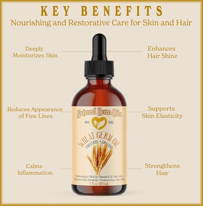 Natural Born Oils Wheat Germ Oil. 4oz. 100% Pure, Natural, Organic, Cold-pressed, Unrefined, Rejuvenating, Rich in Vitamin E. Moisturizer for Skin Hair