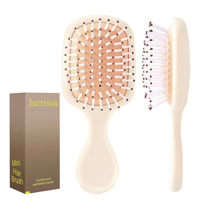 Mini Hair Bursh for Women Men and Kids, Protable Travel Size Hair Brush for Pockets Purses, Mini Detangler Brush for All Hair Types, Small Paddle Brush for Detangling (Beige)