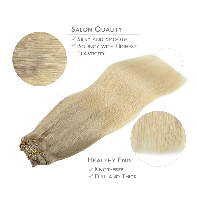 WENNALIFE Clip In Human Hair Extensions, 16 Inch 120g 7pcs Ash Blonde to Golden Blonde and Platinum Blonde Ombre Clip in Human Hair Remy Clip in Hair Extensions Real Human Hair Double Weft