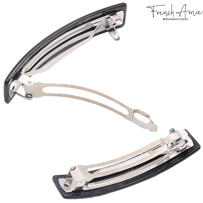 French Amie Oblong Handmade 3.5" Celluloid Hair Barrette Clip Women Hair Accessories, Made in France (Black Finish)