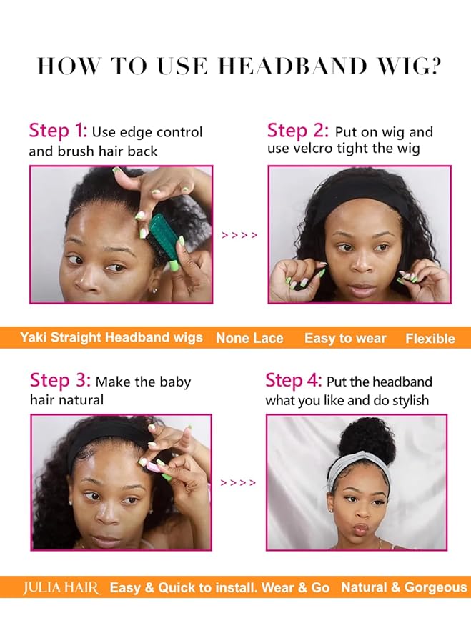 Julia Hair 12A Headband Wig Human Hair Yaki Straight Glueless None Lace Half Wig With Pre-attached Scarf Ombre Chestnut Brown Highlight With Dark Roots for Black Women Put on and Go 16 Inch