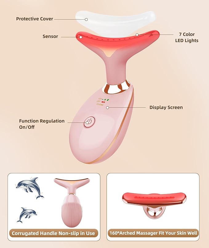 7 Color Face and Neck Massager Light Therapy, Red Light Based Facial Massager for Skin Care, Firming, Smoothing (Rose Golden)