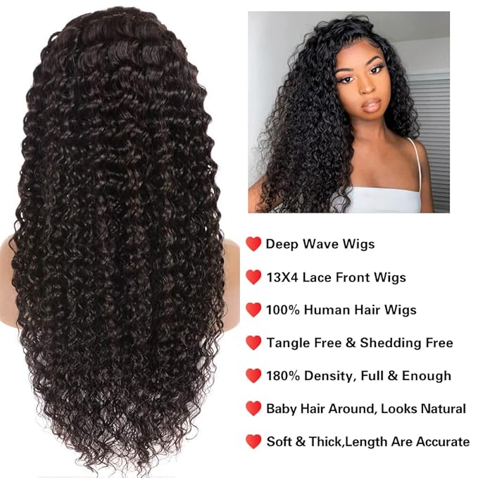 180% Density Deep Wave Lace Front Wigs Human Hair 13x4 Deep Wave Frontal Wig Curly Wigs for Women Pre Plucked with Baby Hair HD Transparent Lace Front Wigs(13x4 deep wave wig,20 Inch)