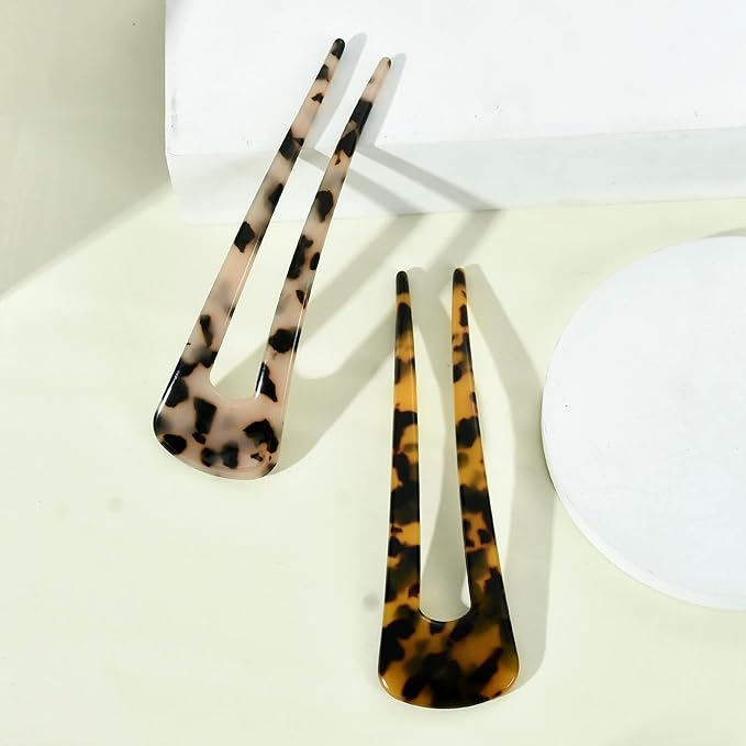 French Hair Pins Tortoise Shell French Hair Forks U Shaped French Pins 2 Prong Hair Sticks Acetate Chignon Pin for Women Hairstyle Accessories 2 Pack