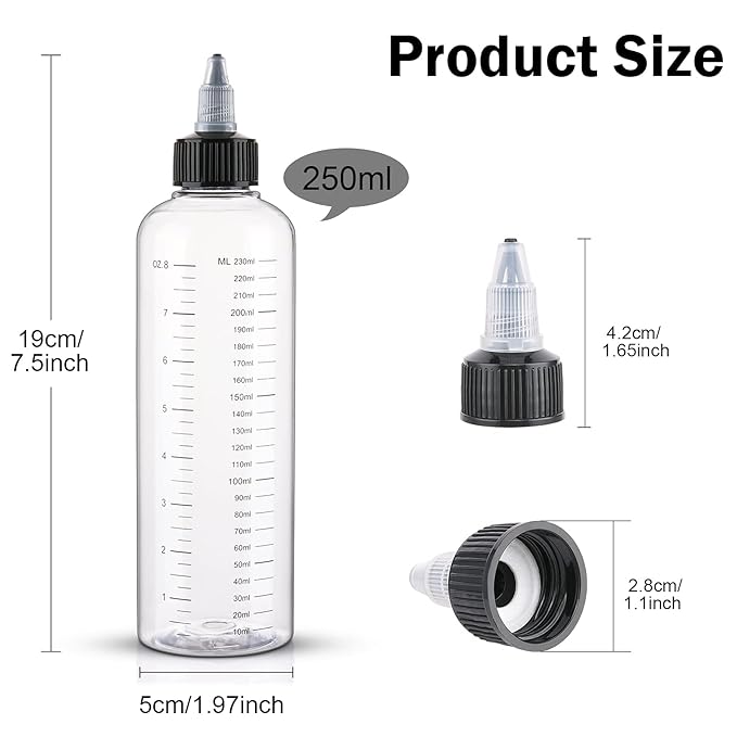 Cosywell Applicator Bottle for Hair Dye 8.5oz 6 Pack With Graduated Scale, Twist-On Top Tip Cap, Empty Plastic Color Oil Squeeze Bottles