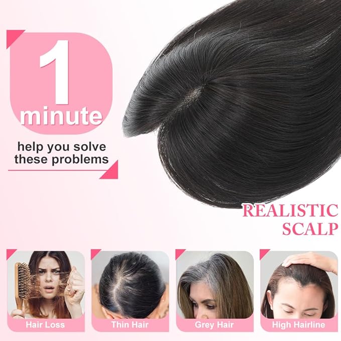 Hair Toppers for Women Real Human Hair Topper for Women with No Bangs Hairpieces Comfortable and Breathable 10 Inch Swiss Base 3D 360°Cover Glue-free and Shedding Free (Natural Black)