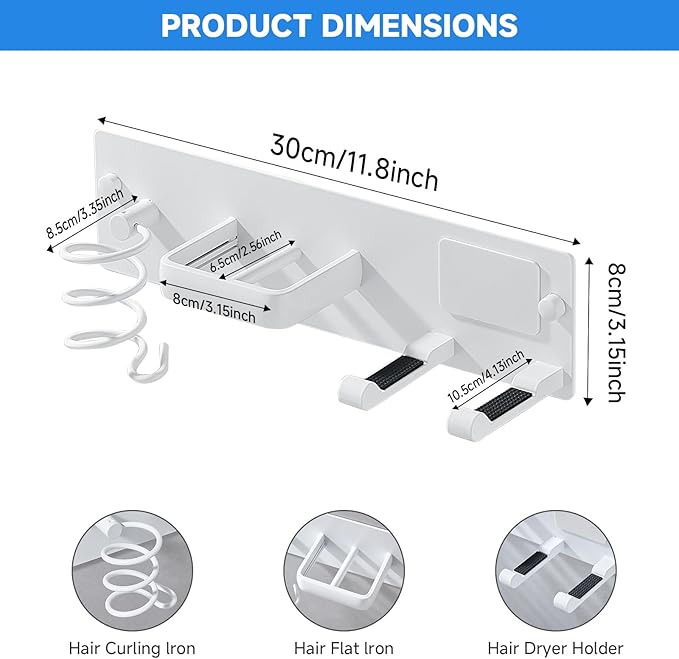 Hair Dryer Holder Wall Mounted,Blow Dryer, Curling Iron, Straightener Holder 3 in 1 Bathroom Metal Hair Tool Organizer Rack-Matte White-2