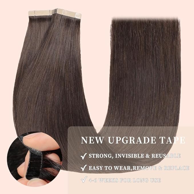 Human Hair Tape in Extensions, Darkest Brown Hair Extensions Real Human Hair 20 Inch 20pcs Remy Straight Tape ins Invisible Tape in Hair Extensions Human Hair (2#,20 Inch)