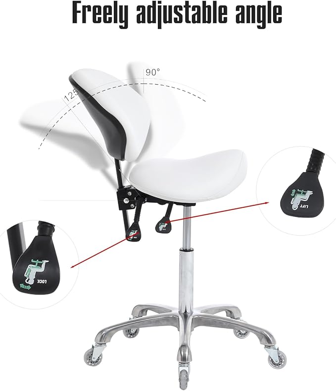 Hydraulic Saddle Rolling Adjustable, Heavy-Duty (350 lbs) Stool Chair for Beauty Salon Massage Dental Clinic Home Office Use(White, Updated to Soft Wheels)