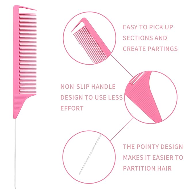 Detangler Brush Set for 3a,4c,Wig/Thick/Wavy/Curly/Wet Slick Back Hair Brushes,Rat Tail Combs,8-Row,Edge Brush,For braiding,teasing,parting,styling,kids,girls,women(Pink)