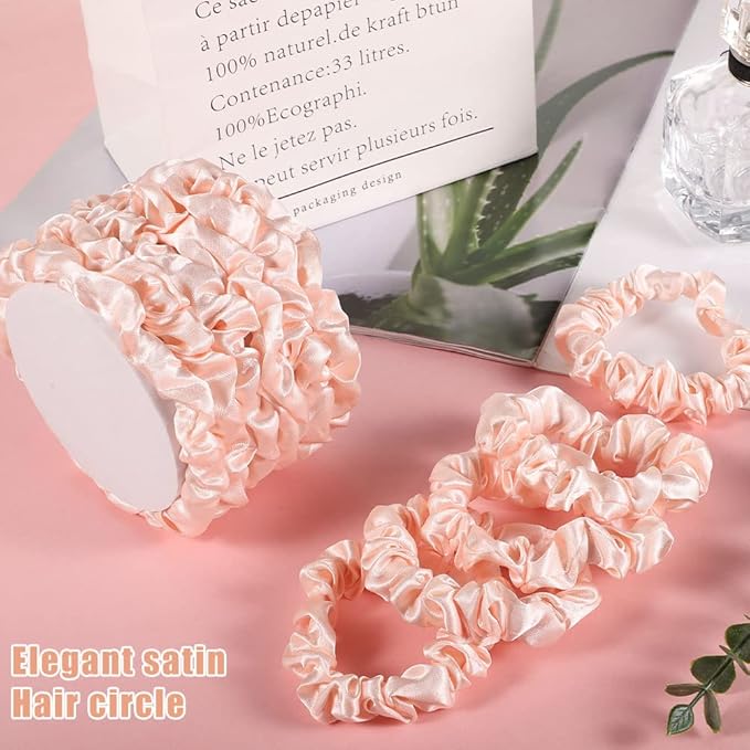 12Pcs Satin Hair Ties, Blush Silk Hair Scrunchies Skinny Hair Ties Ponytail Holder Pink Accessories Gift for Women Girls