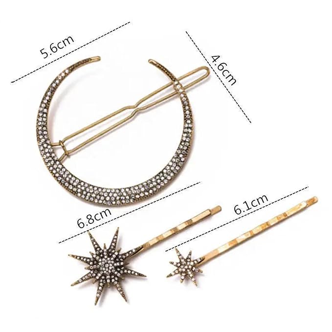 mdgfge 6 Pieces Rhinestone Stars Moon Hair Clips Vintage Star Hairpins Crystal Decorative Bobby Pins Metal Alloy Hair Pins Snowflake Side Clip Hair Accessories for Women (Silver, Gold)
