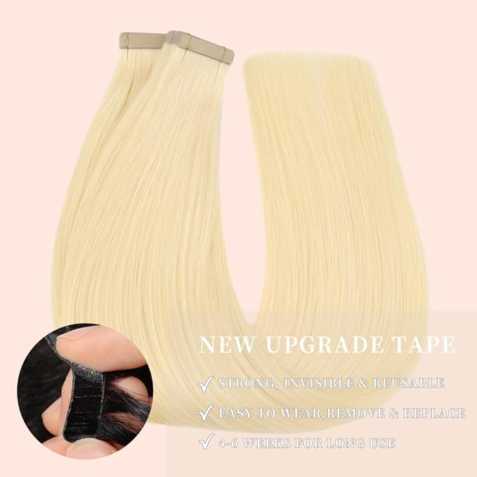 Tape in Hair Extensions Real Human Hair Platinum Blonde 20pcs Seamless Invisible Straight Hair Extensions (60#,18 Inch)
