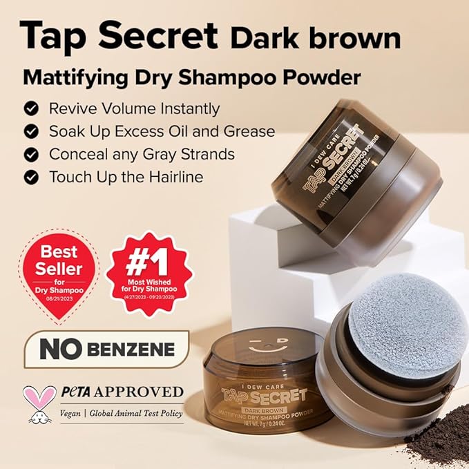 I DEW CARE Biotin Clarifying Dry Shampoo - Tap Secret Dark Brown Duo Set | Strengthening & Volumizing, Powder Type, Travel size, Non-aerosol, Brunette, Korean Ginseng, Stocking Stuffers, 0.26 Oz * 2ea