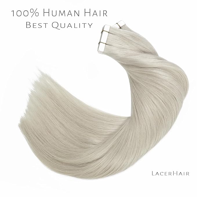 Lacer Hair Extensions Tape in Human Hair Real Hair Silver Seamless Skin Wefts Tape-on Remy Hair Extensions Light Grey Tape in Hair Extensions Invisible Double Sided Tape Ins 16 Inch 20Pcs