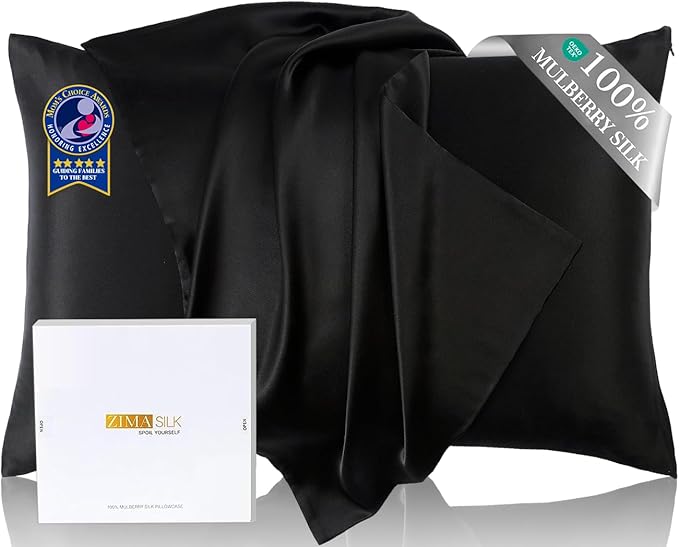 ZIMASILK Upgraded 100% 6A Grade Pure Mulberry Silk Pillowcase for Hair and Skin Silk Pillow Cases with Reinforced Hidden Zipper, More Soft & Durable, Gift Box (Standard 20"x26" Black)