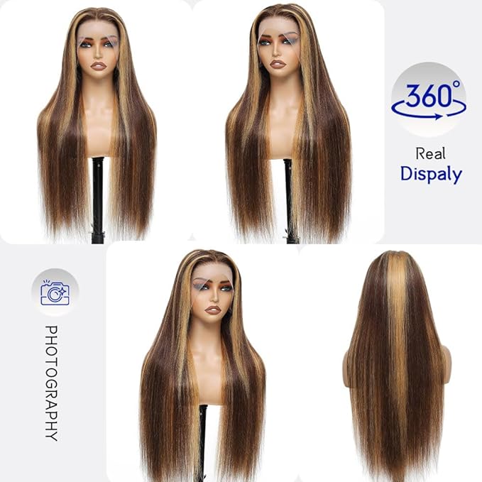 Highlight Ombre Lace Front Wig Human Hair 13X6 Honey Blonde Straight HD Lace Frontal Wig Pre Plucked Tangle-Free 200 Density Brown Wig 4/27 Colored Real Virgin Human Hair 22 Inch