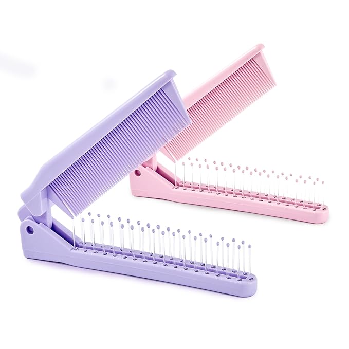 2 Pack Folding Hair Combs, Foldable Comb Brush Combo, Mini Protable Folding brush for Purse Bags Porket, Travel Size Hair Comb, Small Pocket Combs for Women and Girls(Pink&Purple)