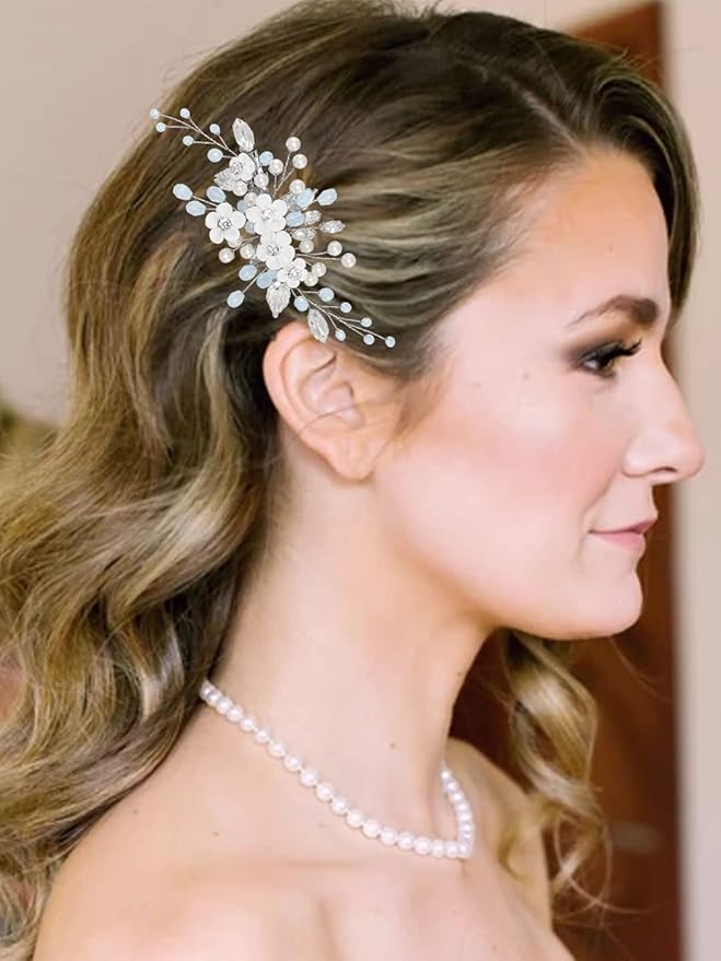 Latious Flower Wedding Hair Clip Silver Pearl Bridal Hair Barrettes Rhinestones Hair Piece for Women and Brides