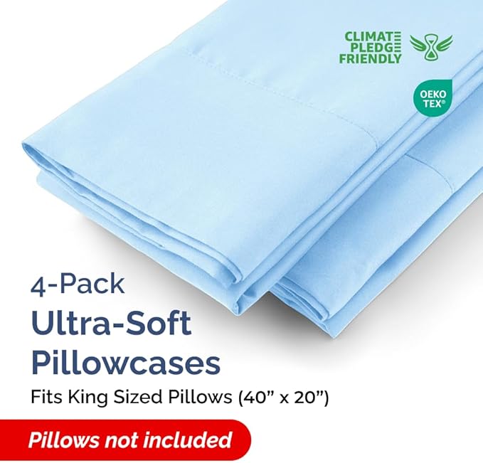 King Pillow Cases - 4 Pack - Super Soft Pillowcase Covers - Envelope Enclosure - Hotel Quality Pillow Protectors - Wrinkle Free, Shrink & Stain Resistant - Machine Washable - 20" x 40" (Light Blue)