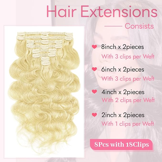 Clip in Hair Extensions Real Human Hair Body Wave 613 Bleach Blonde Clip in 100% Brazilian Remy Human Hair Extensions 8pcs Per Set with 18 Clips Double Weft 18 Inch 100g/3.6oz