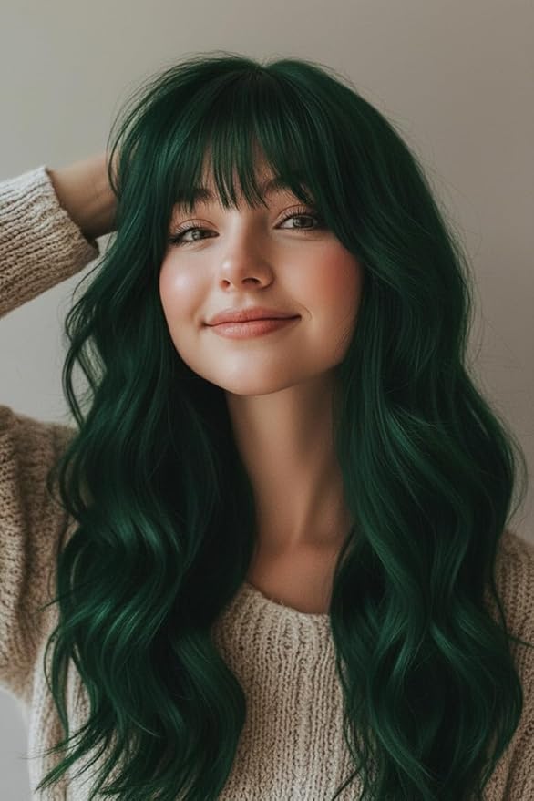 24 Inch Forest Green Wavy Wig with Bangs, Heat Resistant Synthetic Hair for Women, Adjustable Cap with Snap Clips for Daily Use, Wedding, Cosplay