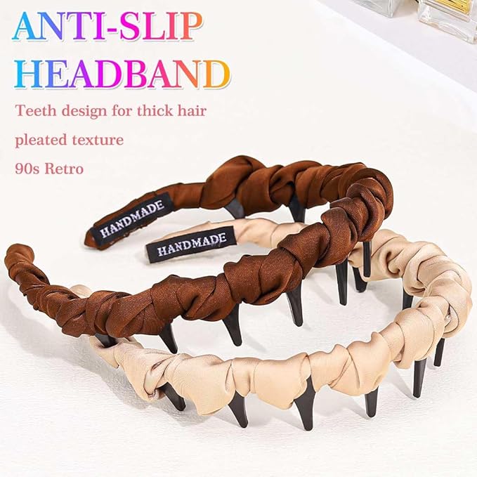 Non Slip Headbands with Teeth, Pleated Polyester Comb Hair Bands for Women, 2 Pack (Brown, Beige)