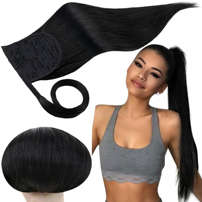 RUNATURE Black Ponytail Extension Human Hair, Clip in Ponytail Hair Extensions for Women, Comfortable Lace Ponytail Extension, Long Straigth Hair, Wrap Around, 18 Inch 80g #1 Jet Black