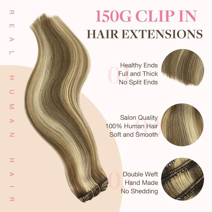 GOO GOO Clip in Hair Extensions Real Human Hair, Remy Human Hair Extensions Clip ins for Women, Natural Human Hair, 14inch 150g 9Pcs, 8A/22 Medium Brown Highlighted Golden Blonde