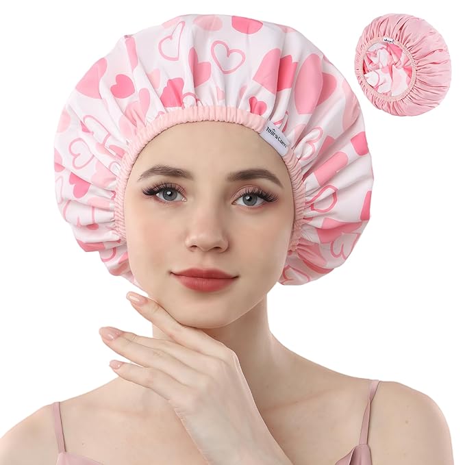 Years Calm Shower Caps For Women Reusable Waterproof，Pattern And Solid Color Dual-Layer Design For Dual-Layer Usable，Protects Hair In Shower, Spa, Cooking, Clean & Travel (Pink, Extra Large)