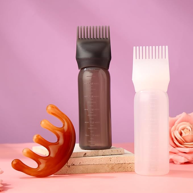 2 Pack Root Comb Applicator Bottle 6 OZ Hair Oil Applicator Bottle for Scalp with Massage Comb for Shampoo Scrubber Applicator,Hair Dye Tools(Black, white)