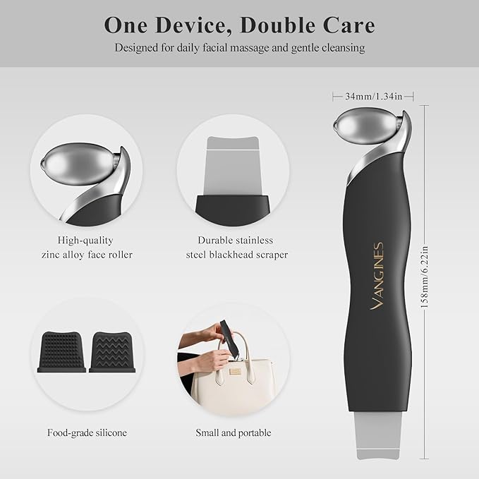 Blackhead Scraper Tool & Skin Scrubber Face Spatula for Blackhead Removal, Pore Cleaning, with Cooling Ice Roller & 2 Silicone Brush Heads (Charcoal Black)