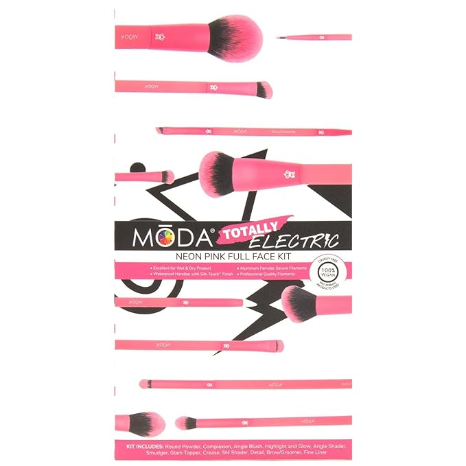 MODA Totally Electric Neon Full Face Makeup Brush Kit – 13pc Vibrant Brush Set for Face & Eyes with Zip Case (Neon Pink)