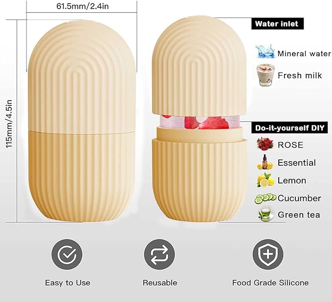 XHJRI Ice Face Roller Massager,Ice Cube Roller for Face, Eyes and Neck Naturally Conditioning and Skin Care,De-Puff Eye Bags,Reduce Migraine Pain,Reusable Massage Silicone Ice Mold (Beige)