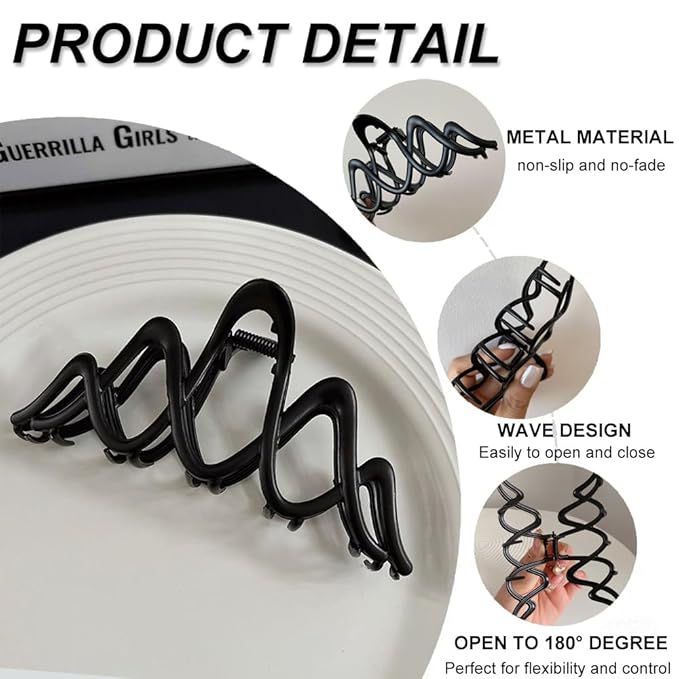 1 PCS Metal Large Claw Clips for Thick Heavy Hair, Strong Hold Big Non-Slip Hair Catch Barrette Black Wave Exquisite Design Jaw Clamp for Long Hair, Fashion Styling Hair Accessories for Women Girls