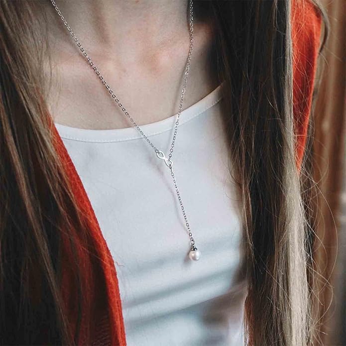 Boho Pearl Infinity Necklace Silver Y Pearl Necklace Minimalist Chain Y Lariat Necklace Chain Jewelry for Women and Girls
