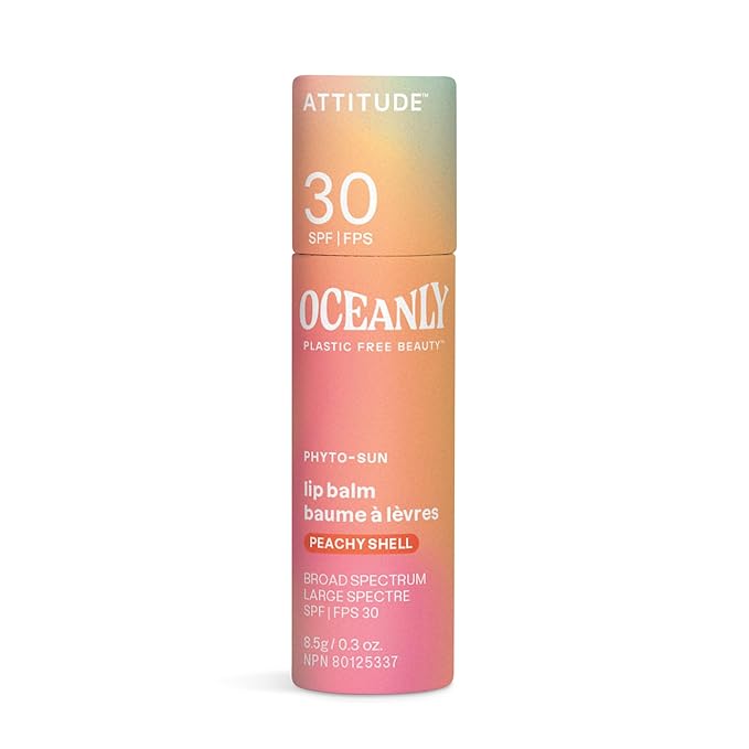 ATTITUDE Oceanly Tinted Lip Balm with SPF 30, EWG Verified, Plastic-Free, Broad Spectrum UVA/UVB Protection with Zinc Oxide, Vegan, Unscented, Peachy Shell, 0.3 Ounce