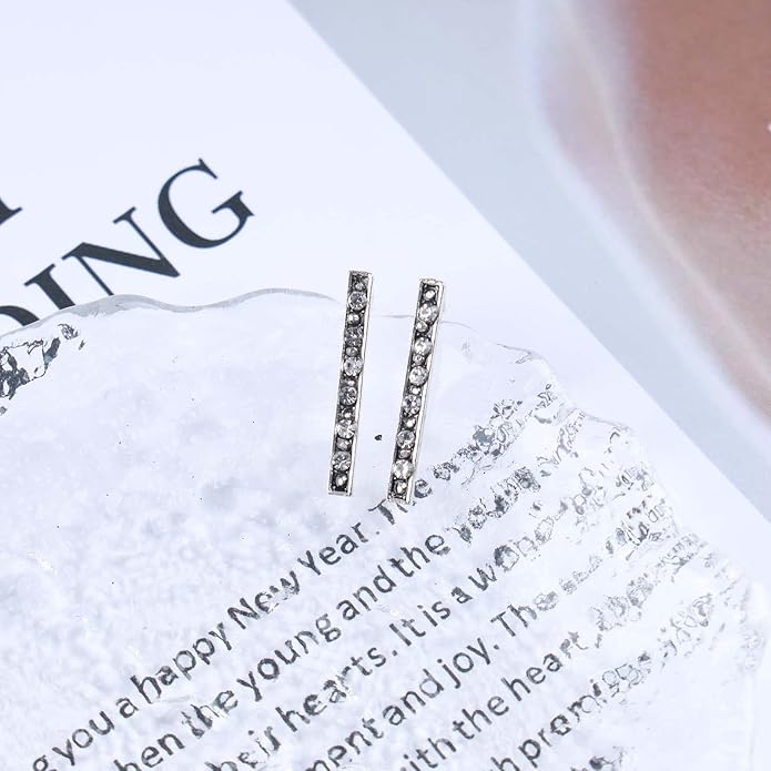 Geometric Crystal Bar Earrings Silver Cz Bar Stick Earrings Cz Rhinestone Bar Stud Earrings Silver Minimalist Earrings Jewelry for Women and Girls