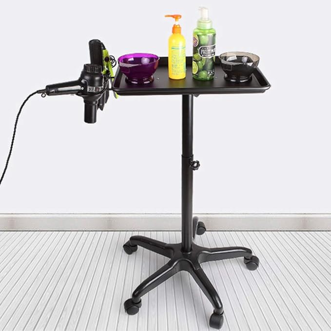 Aluminium Salon Instrument Tray, Height Adjustable Trolley Cart Tray Station on Wheels for Salon Tattoo Spa Beauty Service Holder Tool Storage (Black, With Accessory Caddy)