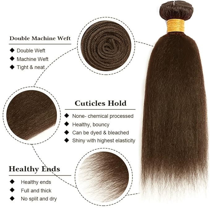 Color 4 Human Hair Bundles Brown Kinky Straight Bundle Brazilian Virgin Soft and Silky Remy Hair 3 Bundles 22 24 26 Inch Double Weft Color 4 Yaki Bundle Chocolate Brown Color 300g
