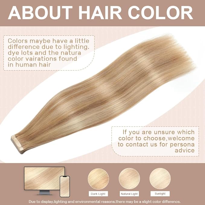 Tape in Hair Extensions Human Hair 16 Inch 20pcs Invisible Tape ins Hair Extensions Real Human Hair Middle Brown Highlight with Dark Blonde Remy Seamless Injected Tape Extensions
