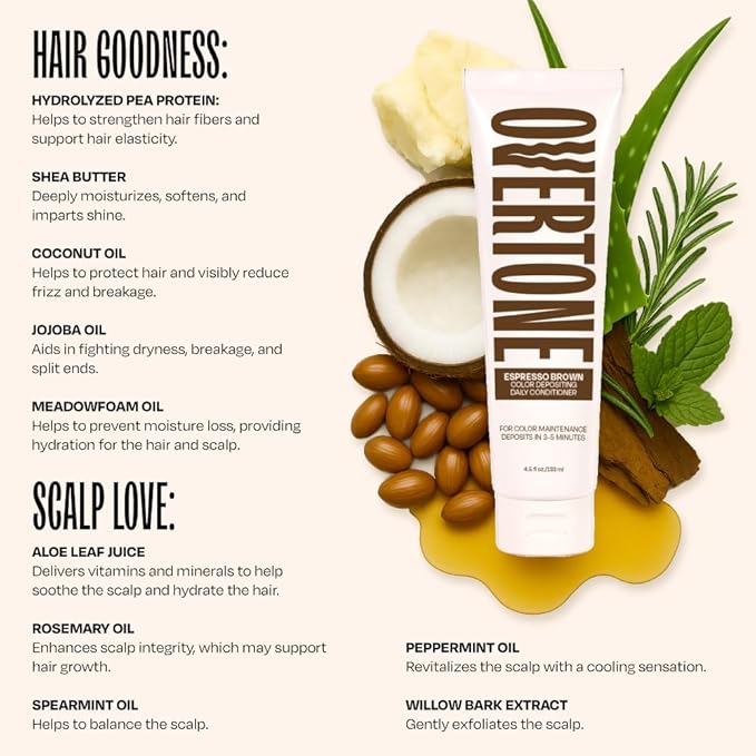 oVertone Daily Color Depositing Conditioner, Espresso Brown, 4.5 oz, Hydrating, Damage-Free Temporary Hair Color for All Hair Types with Shea Butter & Coconut Oil, Vegan & Cruelty-Free