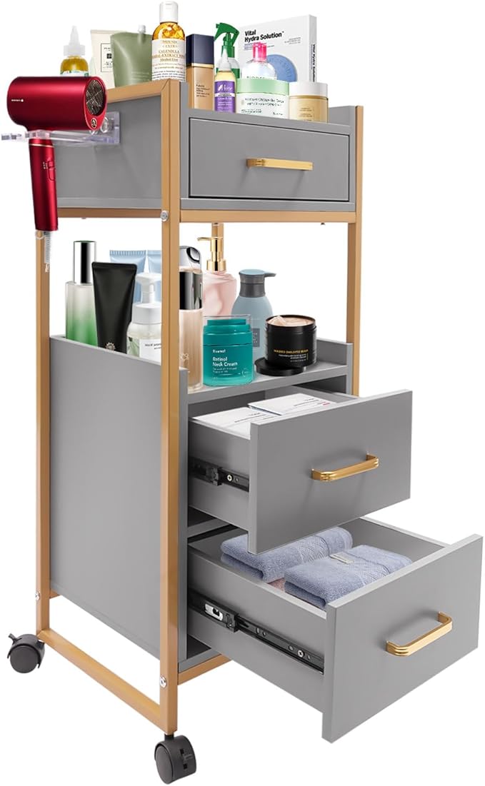 Salon Trolley with Wheels, 3 Drawers Salon Cart with Hair Dryer Holder Utility Salons Cabinet for Tools Storage at Barbershop Beauty Salons Tattoo Shop (Grey)