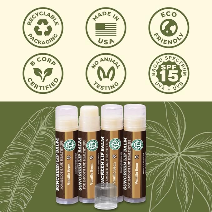 SPF Lip Balm 4-Pack by Earth's Daughter - Lip Sunscreen, SPF 15, Organic Ingredients, Vanilla Flavor, Beeswax, Coconut Oil, Vitamin E - Hypoallergenic, Paraben Free, Gluten Free