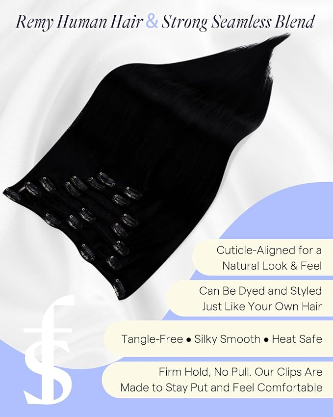 Full Shine Black Hair Extensions Clip in 24 Inch 220 G Clip ins Real Human Hair Black Women for Full Head 7 Pcs