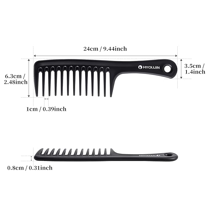 HYOUJIN Black Large Wide Tooth Detangler Paddle Brush - Best Styling Comb for Curly, Wet, Long Hair