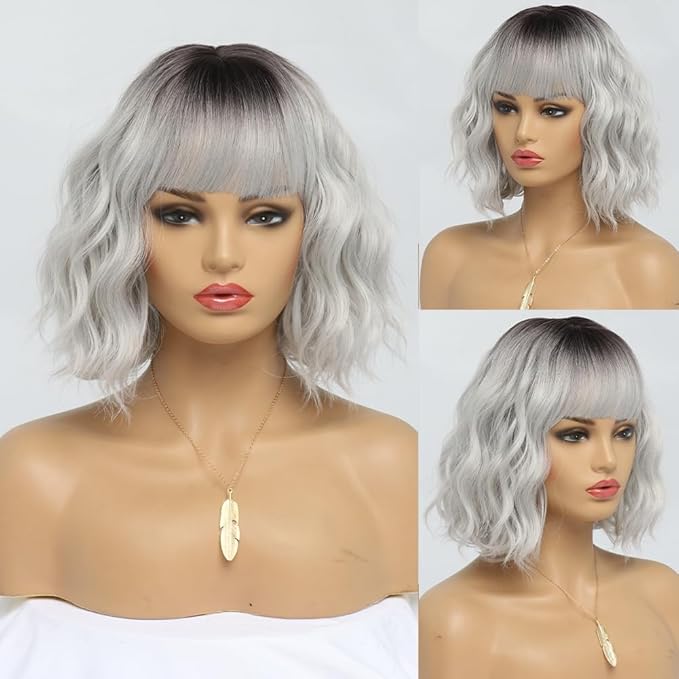 Short Silver Wigs for Women Ombre Grey Wavy Bob Wig with Bangs Medium Length Synthetic Hair Water Wave Dark Roots Wig Gray Colorful Wigs（14 Inches）