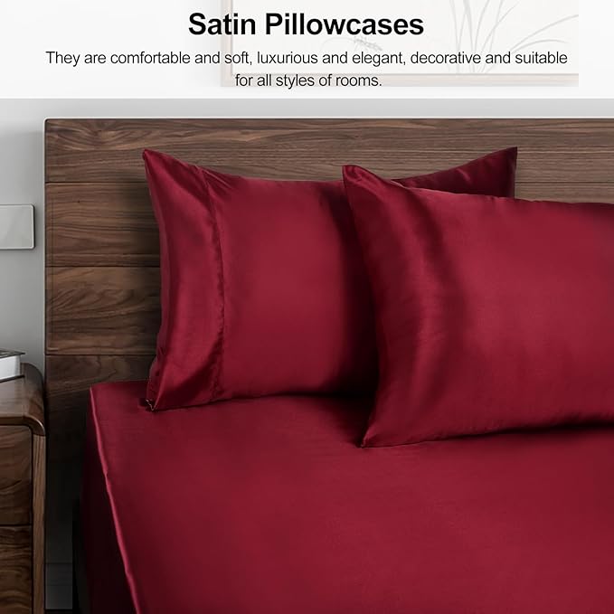 Lirex Satin Pillowcase for Hair and Skin, Super Soft and Cooling Similar to Silk, 2 Pack Queen Size 20"X 30" Pillow Cases with Envelope Closure, Gifts for Women Men, Wine Red