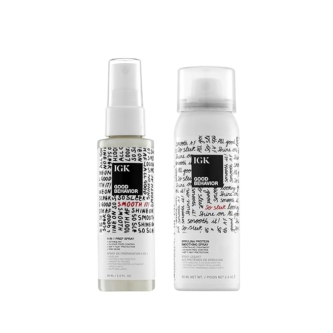 IGK GOOD BEHAVIOR Smoothing Frizz Fighters Travel Set | 4-in-1 Prep Spray + Spirulina Protein Smoothing Spray | Frizz Control + Heat Protectant | Vegan + Cruelty Free